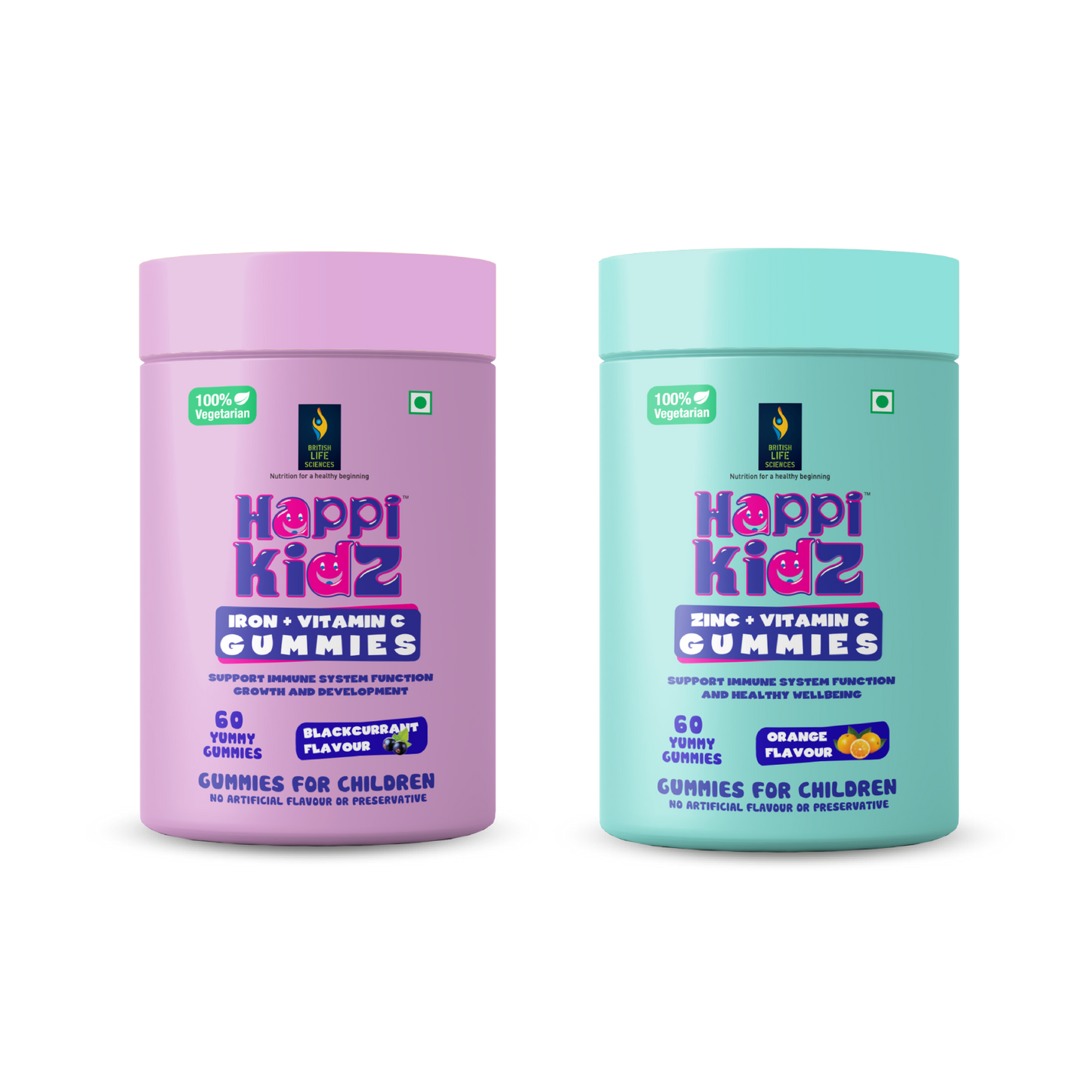 British Life Sciences Happi Kidz Iron + Vitamin C Gummies & Happi Kidz Zinc+Vitamin C Gummies Combo | Natural, Strong Bones, Muscles and Teeth, Boosts Immunity