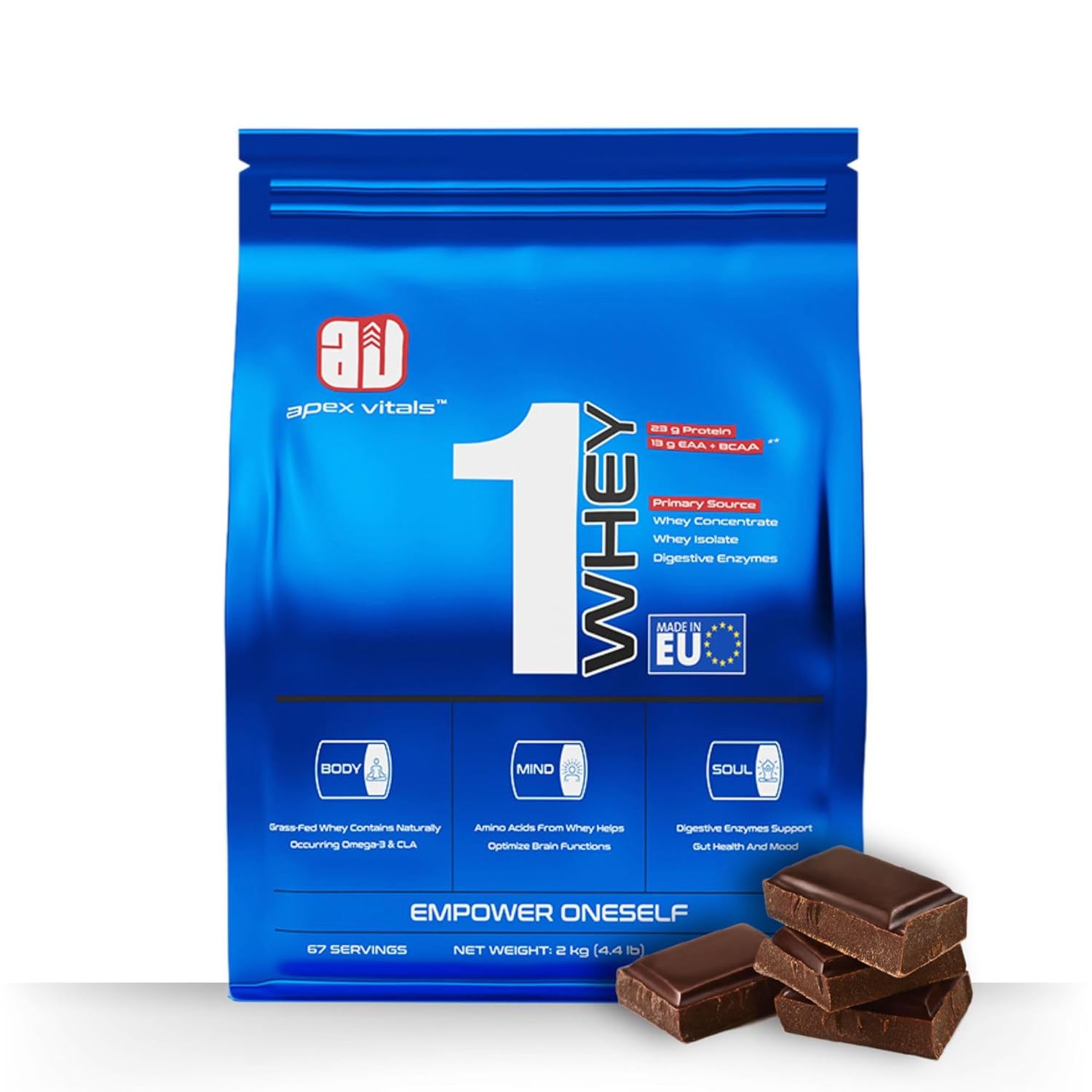 Apex Vitals 1 Whey | Grass-Fed Whey | Made In Europe | FDA,EFSA & FSSAI Certified | 23g Protein, 13g EAA+BCAA | Concentrate 60%, Isolate 40%,Digestive Enzymes | 2Kg-67 Ser-Belgian Chocolate