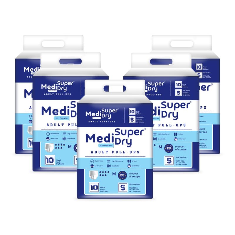 Medisuperdry Adult Diaper Pants | Small (S) |Waist 51-81 cm (20-32 inches) |High Absorbency -10 Hrs |Rash-Free |Leakproof |Breathable |Odourless |Elastic Waist |For Men & Women | 50 Units, Pack of 5