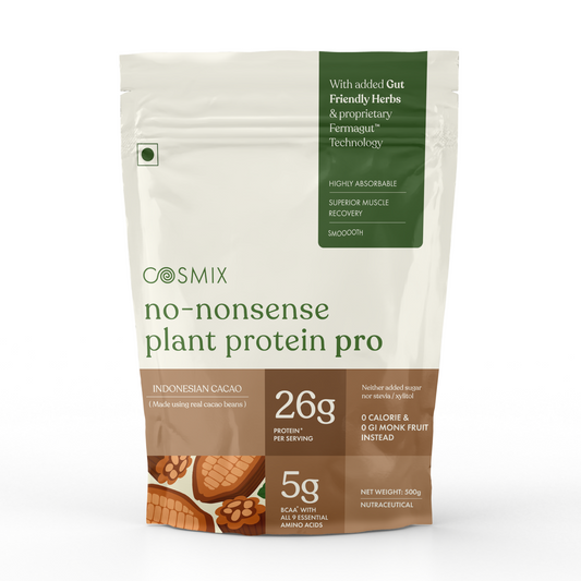 Cosmix No-Nonsense Plant Protein Pro | 26g Protein/Serve | Indonesian Cacao | Yeast Powered Plant-Based Protein | PDCAAS of 1 | Light On Gut, Superior Muscle Recovery - 500g