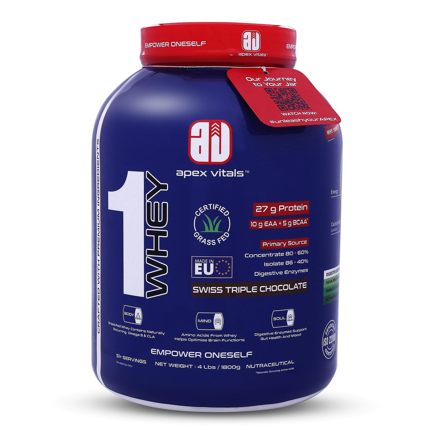 Apex Vitals 1 Whey - Grass-Fed Whey | 27g Protein, 10g EAA + 5g BCAA | Concentrate 80-60%, Isolate 86-40%, Digestive Enzymes | FDA, EFSA & FSSAI Certified|Swiss Triple Chocolate - 4lbs