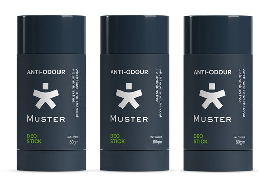 Muster Anti-Odour Deo Stick for Men | Aluminium-Free | Natural Charcoal & Witch Hazel | 80 gm | Long-Lasting Freshness (Pack of 3)