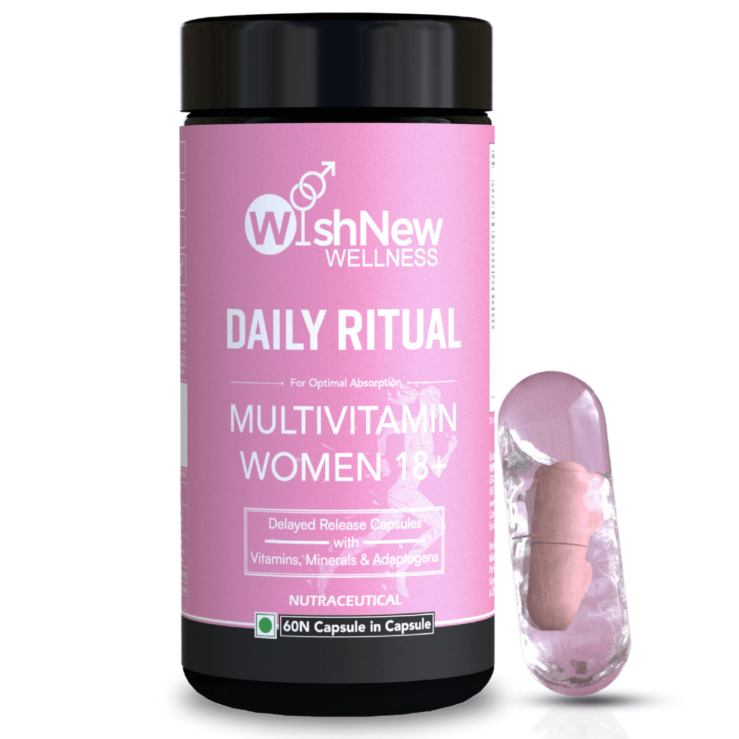 WishNew Wellness Daily Ritual Women's Multivitamin 18+ | Complete 36-Nutrient Formula for Optimal Health & Vitality | Supports PMS, UTI Care | 60 Non-GMO Delayed Release Capsules for Your Wellbeing
