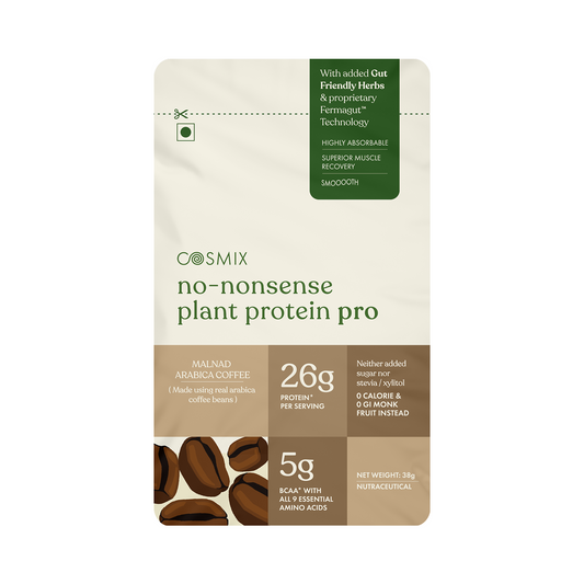 Cosmix No-Nonsense Plant Protein Pro | 26g Protein/Serve | Malnad Arabica Coffee | Yeast Powered Plant-Based Protein | PDCAAS of 1 | Light On Gut, Superior Muscle Recovery - 38g (Pack of 1 Sachet)