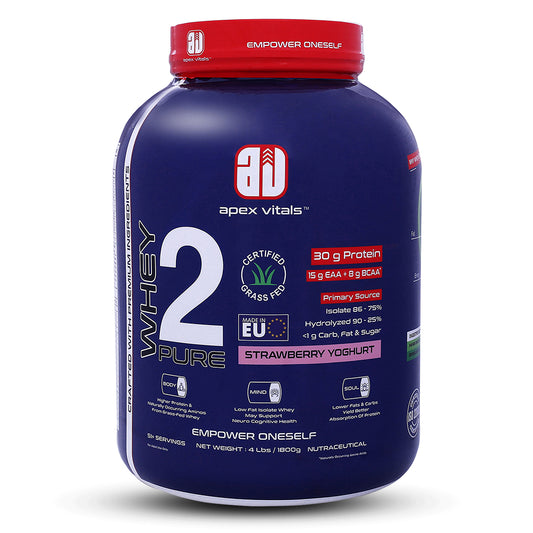 Apex Vitals Whey 2 Pure -  Grass-Fed Whey Made in EU | Whey Isolate & Hydrolyzed | 30g Protein, 15g EAA + 8g BCAA | Digestive Enzymes | Muscle Build & Recovery |Strawberry Yogurt - 1800g (4lbs)