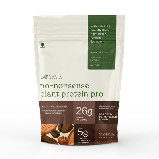 Cosmix No-Nonsense Plant Protein Pro | 26g Protein/Serve | Chikmagalur Mocha | Yeast Powered Plant-Based Protein | PDCAAS of 1 | Light On Gut, Superior Muscle Recovery - 1kg