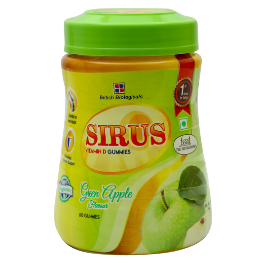Sirus Vitamin D3-60 Gummies for Women & Men - Supports Immunity, Bones, Teeth, Brain and Nervous System - Gluten Free - Green Apple Flavor - British Biologicals