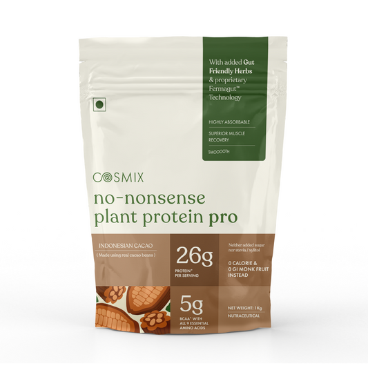 Cosmix No-Nonsense Plant Protein Pro | 26g Protein/Serve | Indonesian Cacao | Yeast Powered Plant-Based Protein | PDCAAS of 1 | Light On Gut, Superior Muscle Recovery - 1kg
