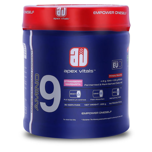 Apex Vitals Amino 9 | All 9 essential amino acids | Pre/Intra Workout Supplement | 4.9g EAA+2.6g BCAA | Natural & Fermented Plant Derived | 225g - 30 servings | Strawberry Margarita