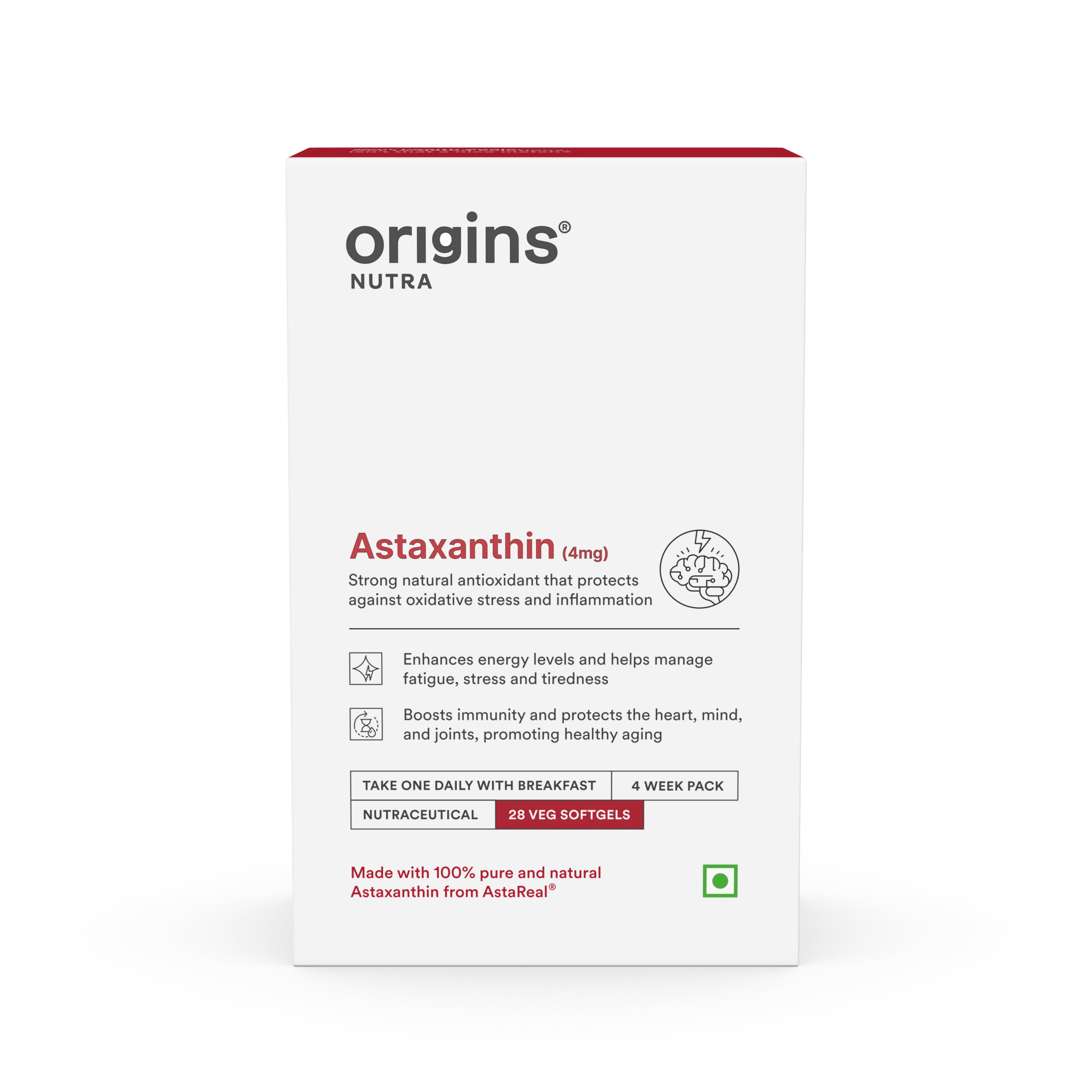 Origins Nutra Astaxanthin | Super Antioxidant, UV Protection, Heart, Skin & Eye Health, Joint Support | AstaReal® | GMP Certified| Non-GMO | For Men & Women| 28 Veg Softgel | Pack of 2