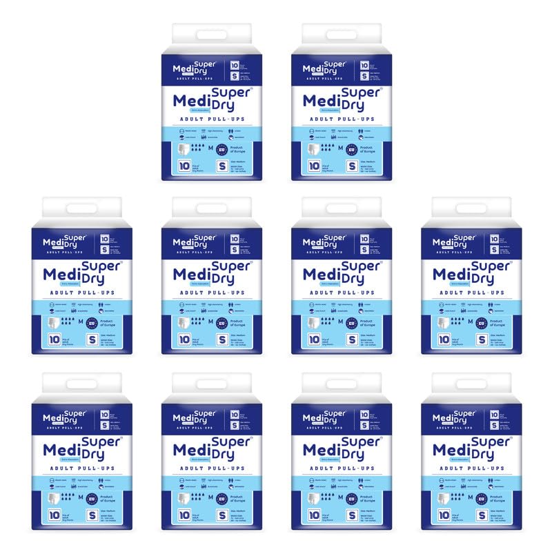 Medisuperdry Adult Diaper Pants | Small (S) |Waist 51-81 cm (20-32 inches) |High Absorbency -10 Hrs |Rash-Free |Leakproof |Breathable |Odourless |Elastic Waist |For Men & Women | 100 Units, Pack of 10