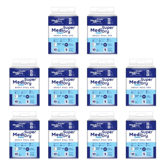 Medisuperdry Adult Diaper Pants | Small (S) |Waist 51-81 cm (20-32 inches) |High Absorbency -10 Hrs |Rash-Free |Leakproof |Breathable |Odourless |Elastic Waist |For Men & Women | 100 Units, Pack of 10