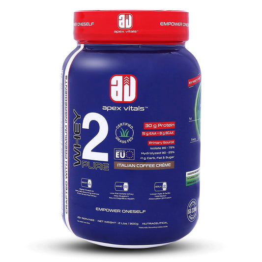 Apex Vitals Whey 2 Pure - Grass-Fed Whey Made in EU | Whey Isolate & Hydrolyzed | 30g Protein, 15g EAA, 8g BCAA | Digestive Enzymes | Muscle Build & Recovery |Italian Coffee Cream - 900g (2 lbs), Shakers, Samples