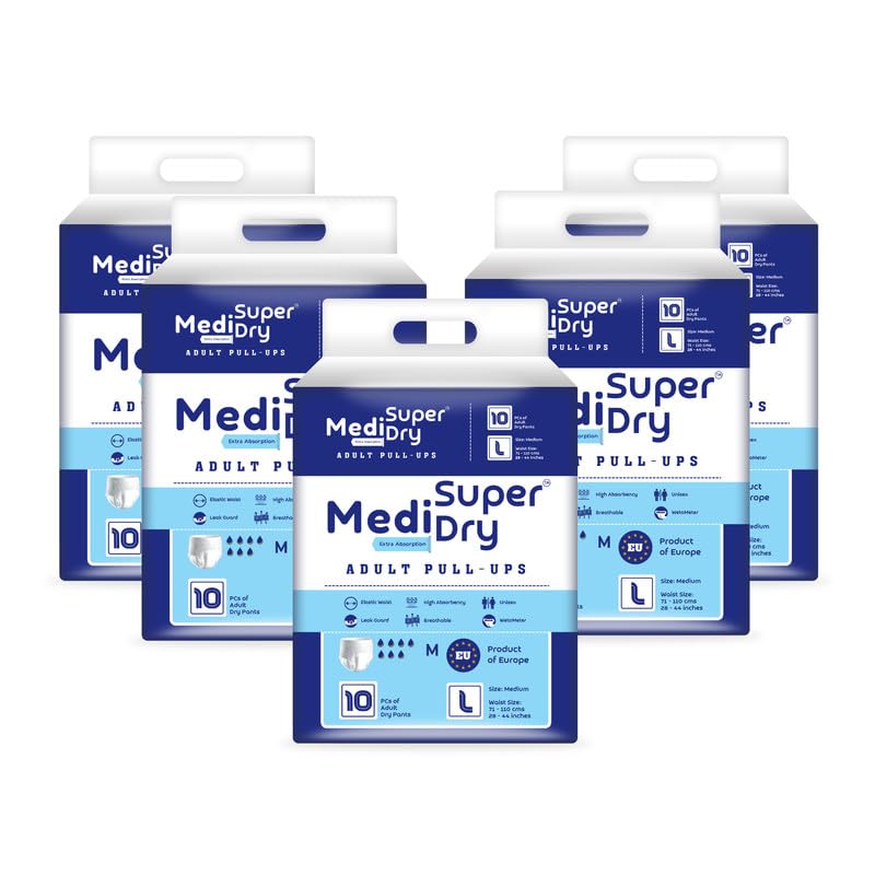 Medisuperdry Adult Diaper Pants | Large (L) |Waist 101-152 cm (40-60 inches) |High Absorbency -10 Hrs |Rash-Free |Leakproof |Breathable |Odourless |Elastic Waist |For Men & Women | 50 Units, Pack of 5