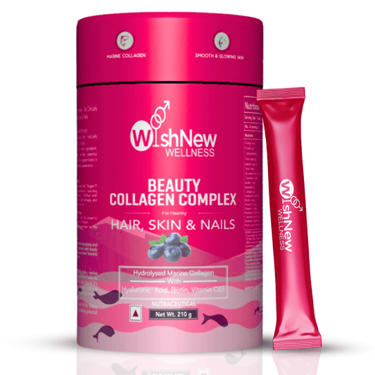 WishNew Wellness BEAUTY COLLAGEN COMPLEX | Radiant Hair, Skin & Nails | 21 Sachets with Collagen, Hyaluronic Acid, Biotin, Vitamins E & C, Rosehip & Curcumin Extracts | Enhanced Absorption Formula | Blueberry