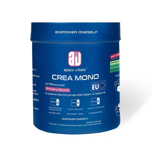 Apex Vitals Crea Mono Micronized Creatine Monohydrate 300 G - 100 Ser | German Made | Pharma Grade | Made In Europe | FDA,EFSA & FSSAI Certified | 200 Mesh - Highest Filteration | Fermented & Vegetarian Source