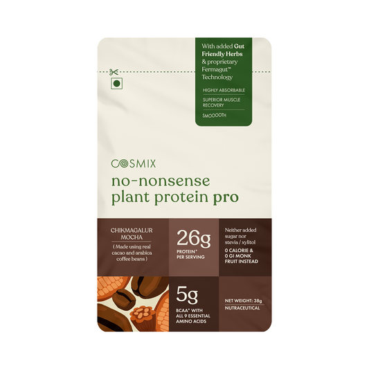 Cosmix No-Nonsense Plant Protein Pro | 26g Protein/Serve | Chikmagalur Mocha | Yeast Powered Plant-Based Protein | PDCAAS of 1 | Light On Gut, Superior Muscle Recovery - 38g (Pack of 1 Sachet)