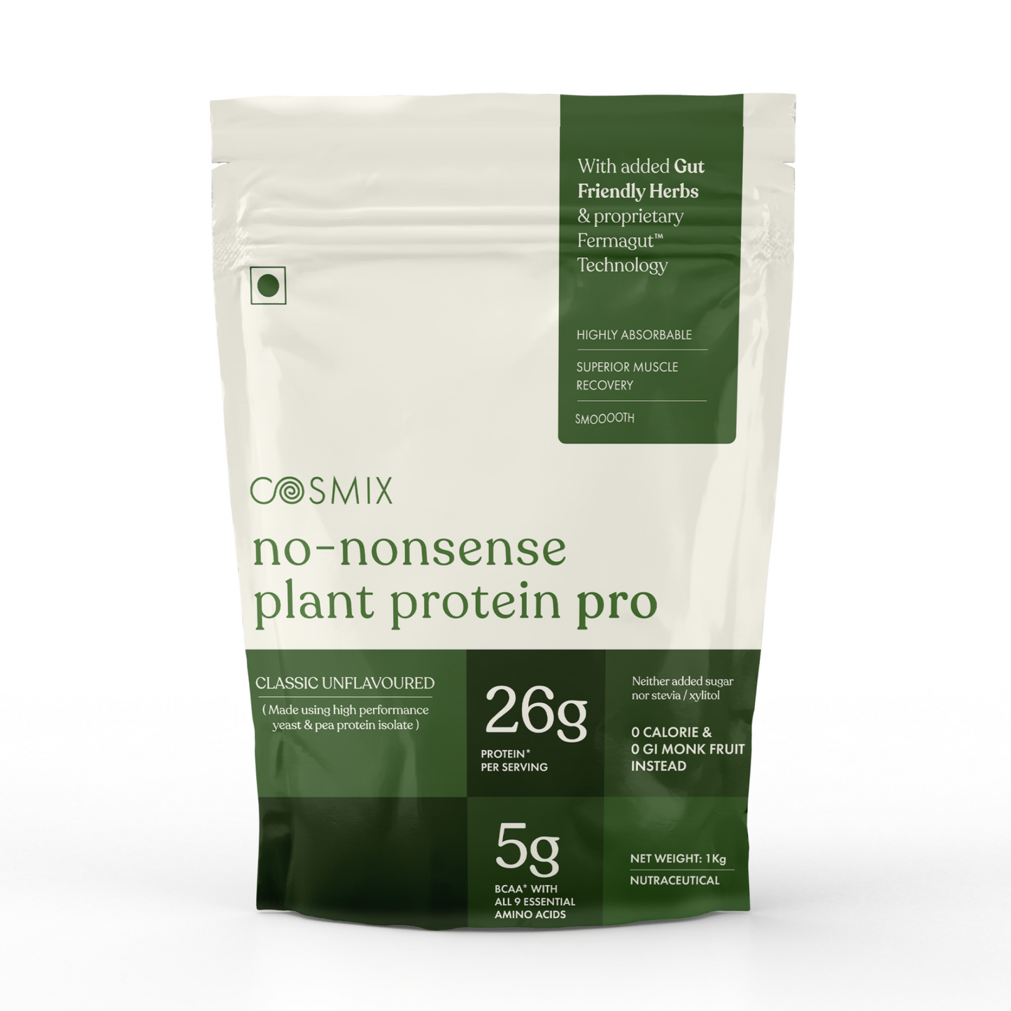 Cosmix No-Nonsense Plant Protein Pro | 26g Protein/Serve | Classic Unflavoured | Yeast Powered Plant-Based Protein | PDCAAS of 1 | Light On Gut, Superior Muscle Recovery - 1kg