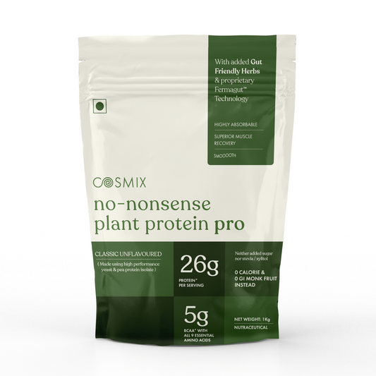 Cosmix No-Nonsense Plant Protein Pro | 26g Protein/Serve | Classic Unflavoured | Yeast Powered Plant-Based Protein | PDCAAS of 1 | Light On Gut, Superior Muscle Recovery - 1kg