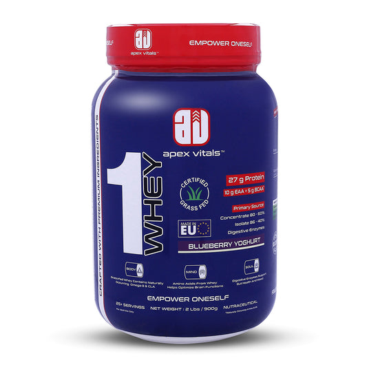 Apex Vitals 1 Whey|Grass-Fed Whey|Made In Europe|FDA,EFSA & FSSAI Certified|27g Protein, 10g EAA+ 5g BCAA|Concentrate 80-60%, Isolate 86-40%,Digestive Enzymes|2lbs (900g)-25+ Ser- Blueberry Yoghurt