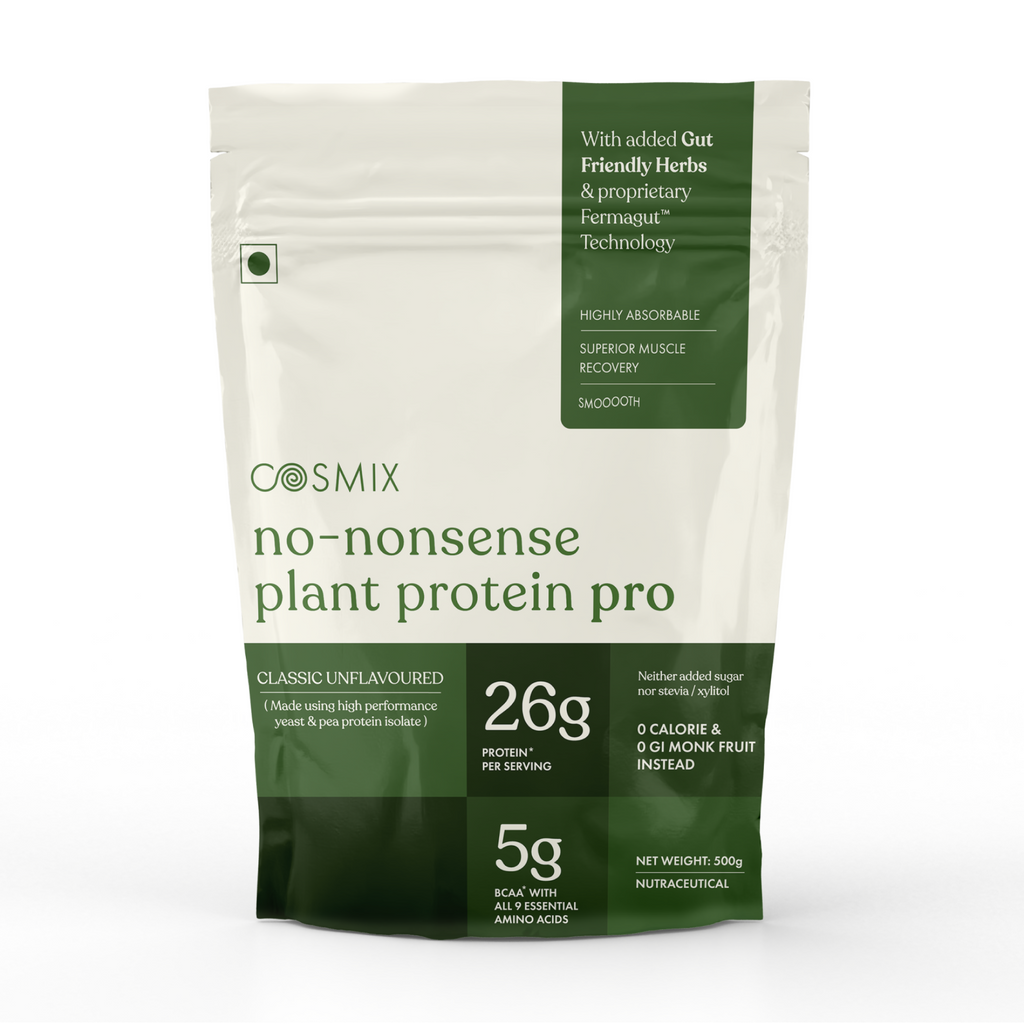 Cosmix No-Nonsense Plant Protein Pro | 26g Protein/Serve | Classic Unflavoured | Yeast Powered Plant-Based Protein | PDCAAS of 1 | Light On Gut, Superior Muscle Recovery - 500g