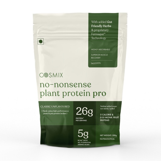 Cosmix No-Nonsense Plant Protein Pro | 26g Protein/Serve | Classic Unflavoured | Yeast Powered Plant-Based Protein | PDCAAS of 1 | Light On Gut, Superior Muscle Recovery - 500g