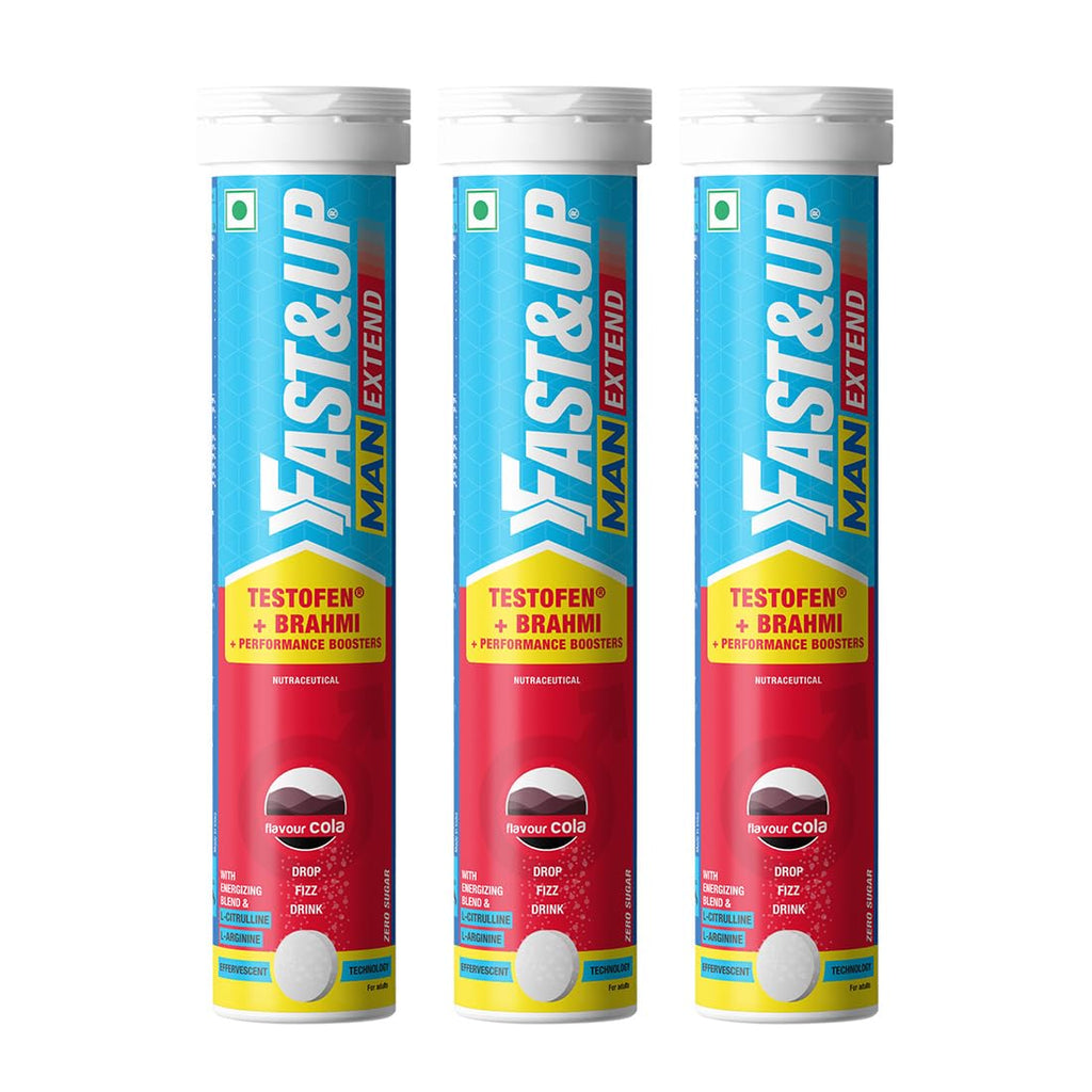 Fast&Up Man Extend | Testofen® Fenugreek Extract |Nitric Oxide Booster + Energizing Blend | Shatavari | Brahmi| Helps Improve Vitality & Stamina | Pack of 60 Effervescent (Cola Flavour)