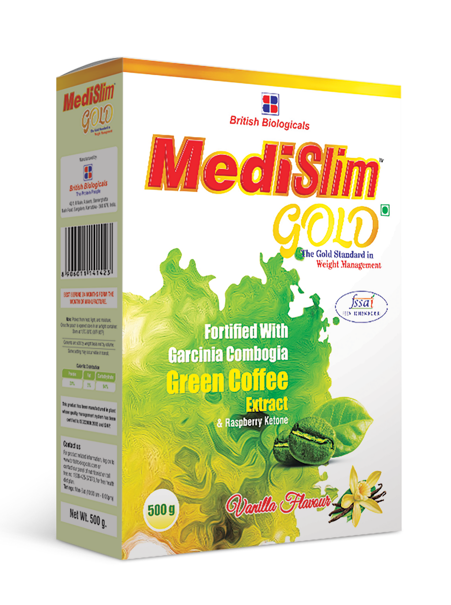 Medislim Gold Meal Replacement Shake For Weight Management - 500 GM - Sugar-free, Cholesterol-free, Zero Trans-fat, Gluten-free Drink with (Goodness of Garcinia Cambogia, Raspberry, Ketone) - BRITISH BIOLOGICALS.
