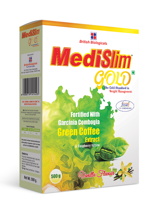 Medislim Gold Meal Replacement Shake For Weight Management - 500 GM - Sugar-free, Cholesterol-free, Zero Trans-fat, Gluten-free Drink with (Goodness of Garcinia Cambogia, Raspberry, Ketone) - BRITISH BIOLOGICALS.