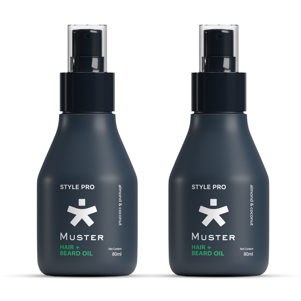 Muster Style Pro Hair & Beard Oil | 80 ML | Non-Greasy Formula | Styling Hair & Beard Spray | Almond & Coconut Oil | Deep Moisturization | Scalp & Skin Care (Pack of 2)
