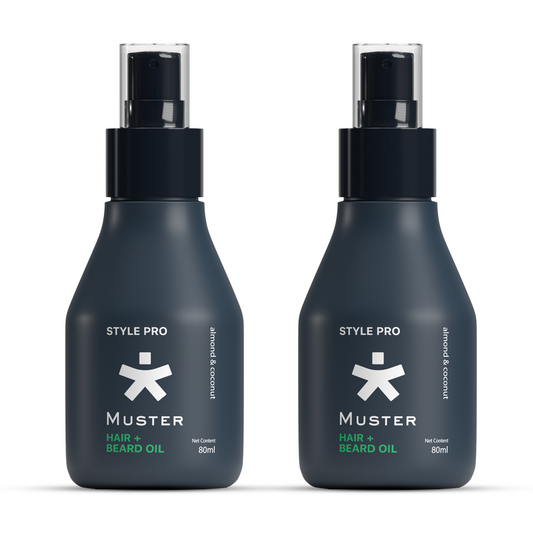 Muster Style Pro Hair & Beard Oil | 80 ML | Non-Greasy Formula | Styling Hair & Beard Spray | Almond & Coconut Oil | Deep Moisturization | Scalp & Skin Care (Pack of 2)