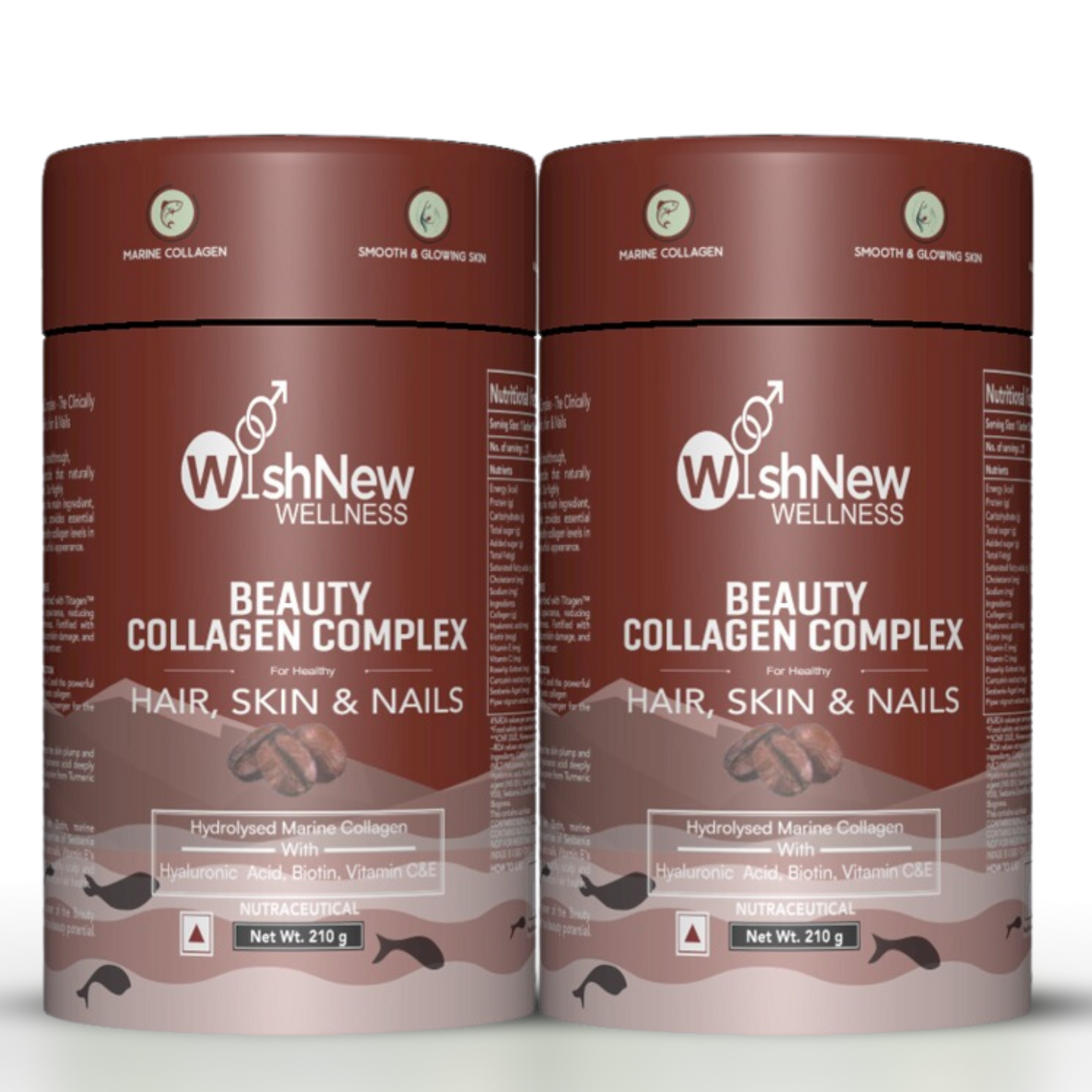 WishNew Wellness BEAUTY COLLAGEN COMPLEX | Radiant Skin, Lustrous Hair & Strong Nails | 21 Sachets with Collagen, Hyaluronic Acid, Biotin | Coffee Flavor | Natural Ingredients for Beauty Boost Pack of 2