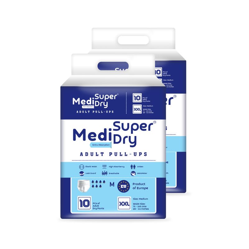 Medisuperdry Adult Diaper Pants | Double Extra Large (2XL) |Waist 152-205 cm (60-80 inches) |High Absorbency -10 Hrs |Leakproof |Breathable |Odourless |Elastic Waist |Men & Women | 20 Units, Pack of 2