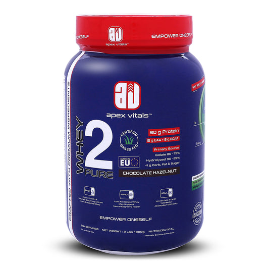 Apex Vitals Whey 2 Pure - Grass-Fed Whey Made in EU | Whey Isolate & Hydrolyzed | 30g Protein, 15g EAA, 8g BCAA | Digestive Enzymes | Muscle Build & Recovery |Chocolate Hazelnut - 900g 2 lbs, Shakers, Samples