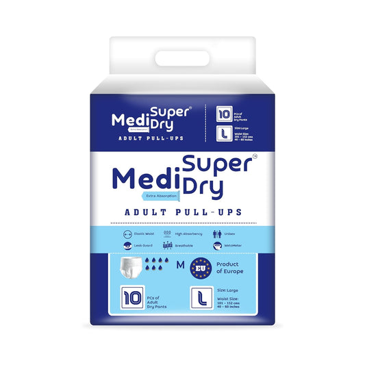 Medisuperdry Adult Diaper Pants | Large (L) |Waist 101-152 cm (40-60 inches) |High Absorbency -10 Hrs |Rash-Free |Leakproof |Breathable |Odourless |Elastic Waist |For Men & Women | 10 Units, Pack of 1