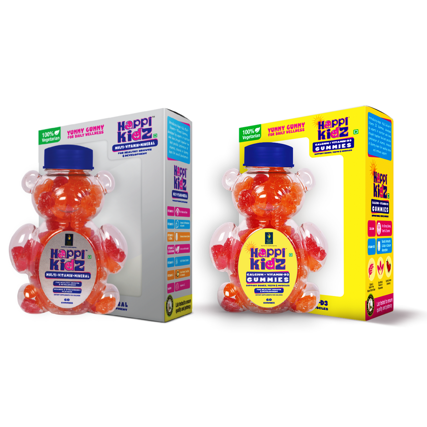 British Life Sciences Happi Kidz Calcium + Vitamin D3 Gummies & Happi Kidz Multivitamin Gummies Combo | Natural, Strong Bones, Muscles and Teeth, Boosts Immunity