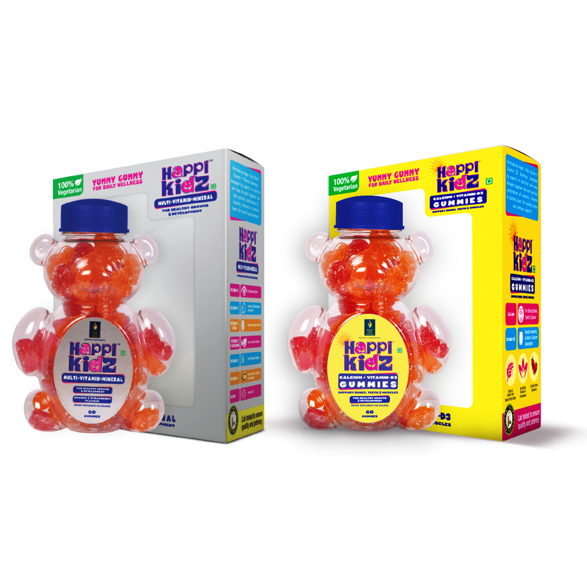 British Life Sciences Happi Kidz Calcium + Vitamin D3 Gummies & Happi Kidz Multivitamin Gummies Combo | Natural, Strong Bones, Muscles and Teeth, Boosts Immunity
