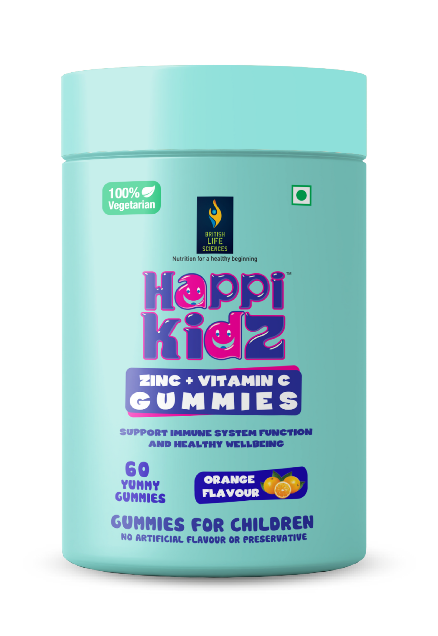 Happi Kidz - Zinc + Vitamin C Gummies For Kids - (60 Gummy Bears) - Immune Support | Orange Flavor | Non-GMO | Gluten-Free | Vegan | No Artificial Colors | Daily Supplement for Children - British Lifesciences