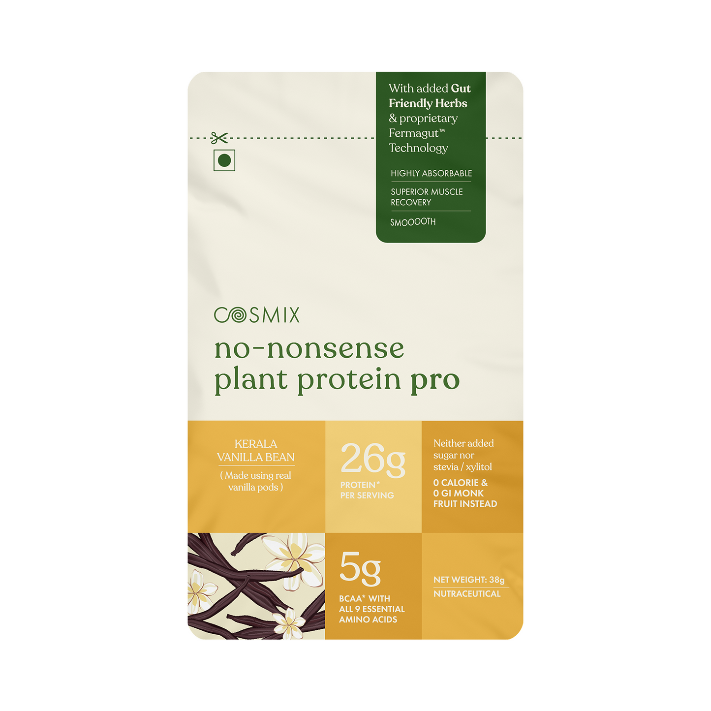 Cosmix No-Nonsense Plant Protein Pro | 26g Protein/Serve | Kerala Vanilla Bean | Yeast Powered Plant-Based Protein | PDCAAS of 1 | Light On Gut, Superior Muscle Recovery - 38g (Pack of 1 Sachet)