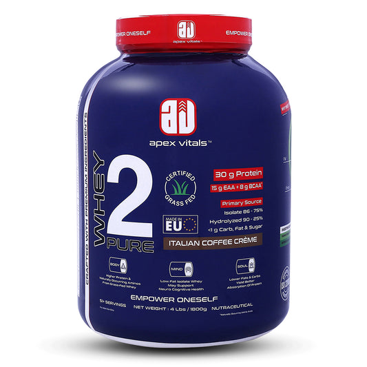 Apex Vitals Whey 2 Pure -  Grass-Fed Whey Made in EU | Whey Isolate & Hydrolyzed | 30g Protein, 15g EAA + 8g BCAA | Digestive Enzymes | Muscle Build & Recovery |Italian Coffee Cream - 1800g (4 lbs)
