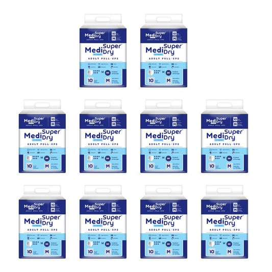 Medisuperdry Adult Diaper Pants | Medium (M) |Waist 71-110 cm (28-44 inches) |High Absorbency -10 Hrs |Rash-Free |Leakproof |Breathable |Odourless |Elastic Waist |For Men & Women 100 Units, Pack of 10