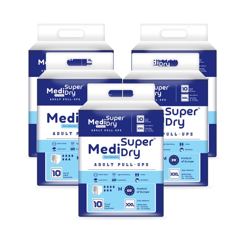 Medisuperdry Adult Diaper Pants | Double Extra Large (2XL) |Waist 152-205 cm (60-80 inches) |High Absorbency -10 Hrs |Leakproof |Breathable |Odourless |Elastic Waist |Men & Women | 50 Units, Pack of 5
