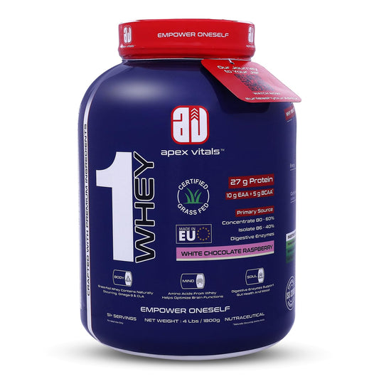 Apex Vitals 1 Whey - Grass-Fed Whey | 27g Protein, 10g EAA + 5g BCAA | Concentrate 80-60%, Isolate 86-40%, Digestive Enzymes | FDA, EFSA & FSSAI Certified|White Chocolate Raspberry - 4lbs