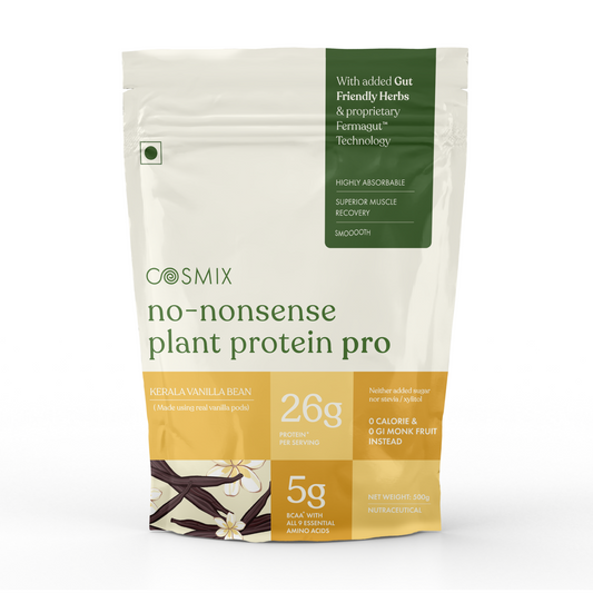 Cosmix No-Nonsense Plant Protein Pro | 26g Protein/Serve | Kerala Vanilla Bean | Yeast Powered Plant-Based Protein | PDCAAS of 1 | Light On Gut, Superior Muscle Recovery - 500g
