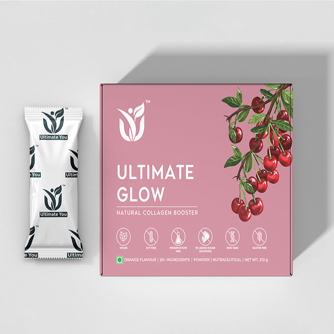 Ultimate Glow | Natural Collagen Booster | Orange Flavour | 20+ Ingredients | Boost Skin Radiance and Glow,Strengthen Hair,Reduce Dark spots,Wrinkles,Acne and Scars | Vitamin C,Biotin,Zinc | 210 Grams