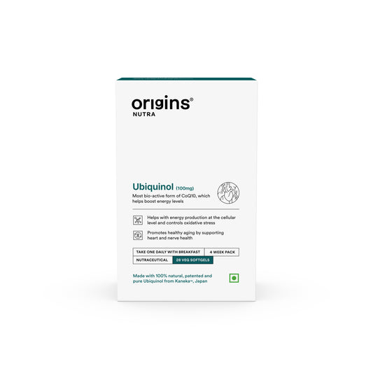 Origins Nutra Ubiquinol (100mg) | Boost Energy, Supports Heart & Healthy Ageing, Enhance Antioxidant Protection | Ubiquinol | GMP Certified | For Men & Women | 28 Soft Gels
