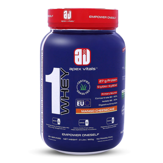 Apex Vitals 1 Whey|Grass-Fed Whey|Made In Europe|FDA,EFSA & FSSAI Certified|27g Protein, 10g EAA+ 5g BCAA|Concentrate 80-60%, Isolate 86-40%,Digestive Enzymes|2lbs (900g)-25+ Ser- Mango Cheesecake