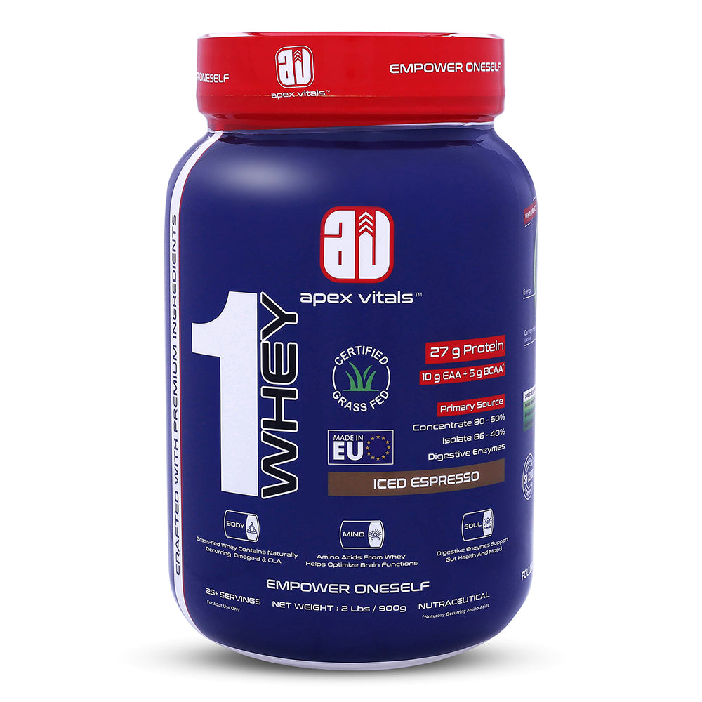 Apex Vitals 1 Whey|Grass-Fed Whey|Made In Europe|FDA,EFSA & FSSAI Certified|27g Protein, 10g EAA+ 5g BCAA|Concentrate 80-60%, Isolate 86-40%,Digestive Enzymes|2lbs (900g)-25+ Ser- Iced Espresso