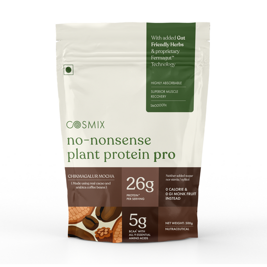 Cosmix No-Nonsense Plant Protein Pro | 26g Protein/Serve | Chikmagalur Mocha | Yeast Powered Plant-Based Protein | PDCAAS of 1 | Light On Gut, Superior Muscle Recovery - 500g