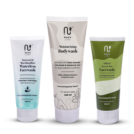 Nuuv Essential Combo - Tulsi & Green Tea Facewash | Moisturizing Bodywash | Waterless Facewash | Hydra Glow Trio | Vegan | Paraben-Free | For All Skin Types | 100ml + 200ml + 100ml